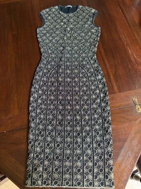 Alexander McQueen Black and Gold Fitted Midi Dress